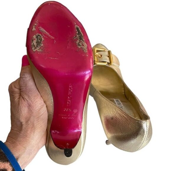 Luciano Padovan Platform Buckle Heels Pumps Size 38.5 Gold - Picture 7 of 7